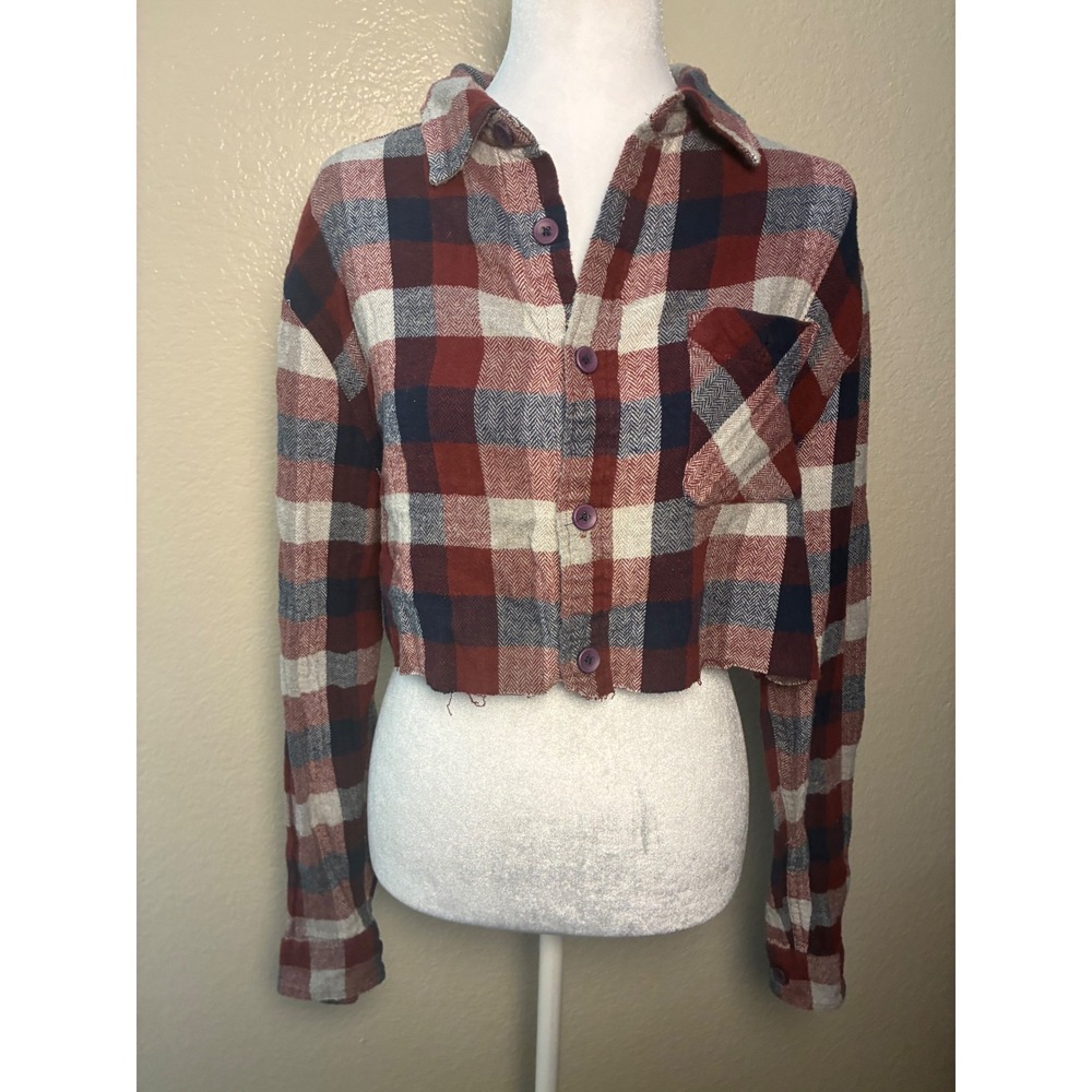 Industry Supply Co Women Red Blue Plaid Cropped Flannel Button Down Shirt Size L